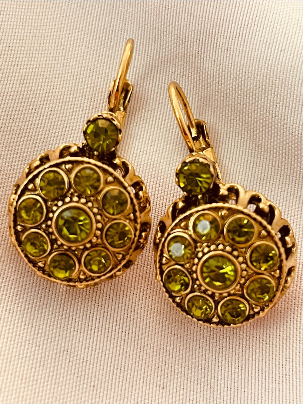 Gold-Tone Olive Green Crystal Drop Earrings